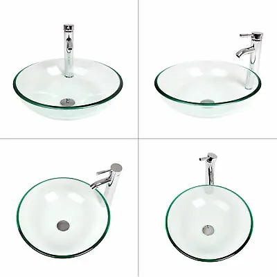 £69.99 • Buy TEMPERED GLASS BASIN SINK WASH BOWL CLEAR BATHROOM CLOAKROOM 420mm Uk Tap Waste