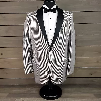 Vintage Seersucker Blazer Mens 39R Black White Sport Coat 2 Button Formal 60s • $28.95