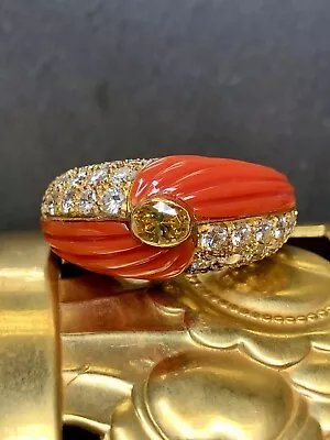 Vintage 18K Carved Coral Fancy Yellow Diamond Cocktail Ring Sz 8 • $3150