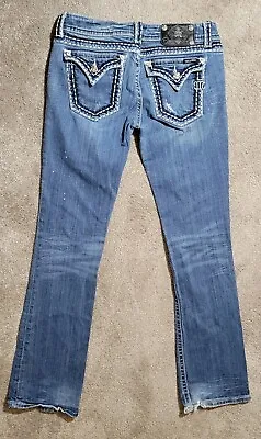 Miss Me Jeans 28 X 33 Boot Cut Blue Denim Low Rise Rhinestone Distressed • $14.75