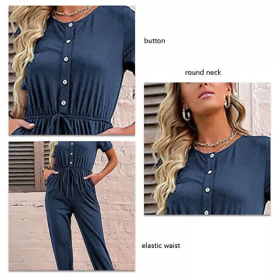 (Dark Blue M)Short Sleeve Round Neck Jumpsuit Casual Long Pant Slim NIU • $18.63