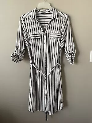 Mlle Gabrielle Women's Black White Striped Button Down Shirt Waist Dress Size 1X • $15.95