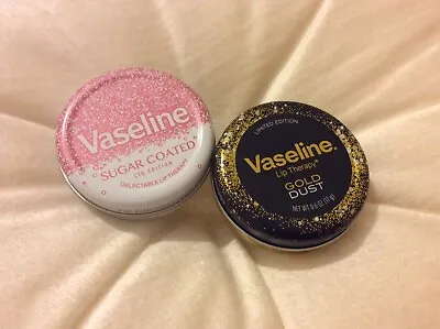 X2 RARE Vaseline Lip Balm Therapy SUGAR COATED & GOLD DUST Limited Edition Set ! • £29.95