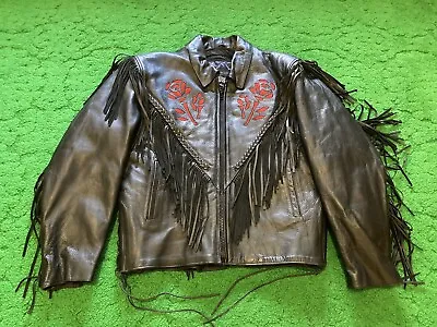 Vintage Unik Women’s Black Leather Moto Jacket Fringe Rose Cutout Sz. Xxl • $76.49