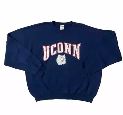 Vintage 90s UCONN Huskies Crewneck Sweatshirt Men’s Size XL Navy Boxy Single V • $34.11