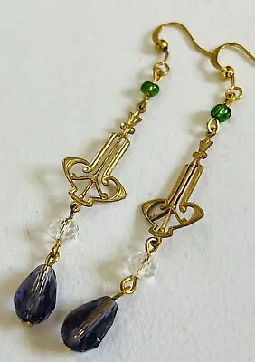 Delightful Suffragette Edwardian Style Brass Crystal Glass Drop Earrings • £14.99