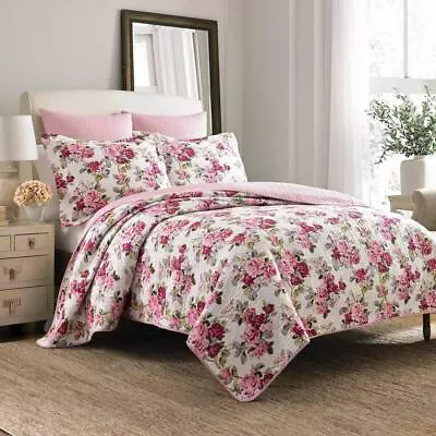 Laura Ashley Quilt Set 3-Pcs Cotton Floral Pattern Multicolored Pink Full/Queen • $109.99
