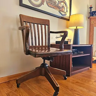 Vintage Antique Solid Wood Banker Lawyer Office Swivel Arm Chair Rolling • $175