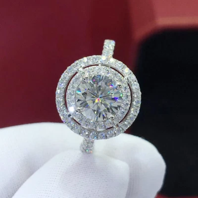 £149.13 • Buy 2.87 TCW RounWhite Moissanite Double Halo Engagement Ring 14k White Gold Plated