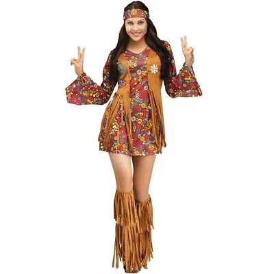 Womens Hippie Costume 1970s Fancy Dress 60s Hippy Fancy Dress 70s Fancy Clothes • £17.99