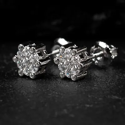 $22.99 • Buy Men's Iced Snow Flake Small Cluster Sterling Silver CZ Stud Screw Back Earrings 