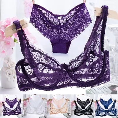 Women's Sexy Lace Embroidery Bra And Panty Set In 3/4 Cup And Thin Transparency • $28.13