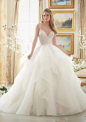 Morilee 2887 Wedding Dress 10 Ivory Tulle Ballgown Beaded Ruffles Straps • $299