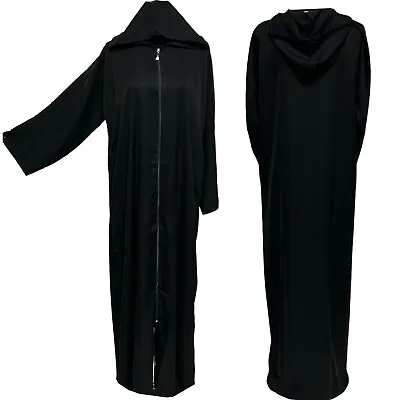 Simple Plain Full Black Hooded Abaya Jalabiya Arab Long Dress • £29.99