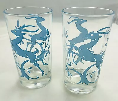 Set Of 2 Gazelle Tumblers Federal Glass Turquoise￼ Deer Leaping Bar Highball VTG • $14.99