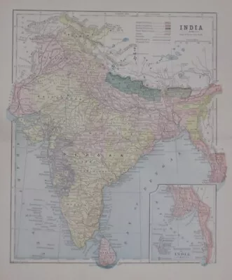 Original 1892 Map INDIA Deccan Bengal Madras Bombay Calcutta Rajasthan Ceylon • $14.99