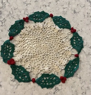 Vintage Crocheted Doily  11” Christmas Holly Wreath Hand Made • $11.99