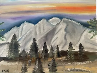 Original Oil Painting Artwork Signed Canvas Snow Covered Mountains At Sunset • $29.99