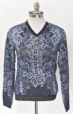 NWT VERSACE COLLECTION Paisley Blue Wool Pique Knit Pullover V-Neck Sweater 48 M • $199.95