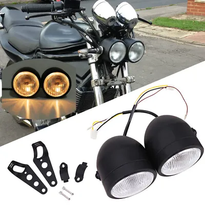 Motorcycle Twin Dominator Headlight Dual Lamp With Mount Bracket Street Black US • $34.73