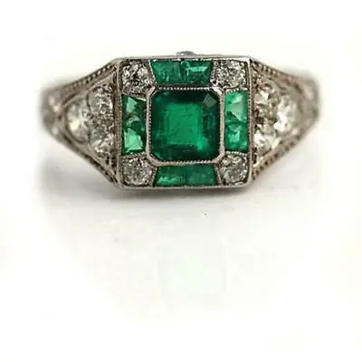 1930's Antique Art Deco Green Emerald With Old Mine Cut CZ Women's 925 Ring • $105