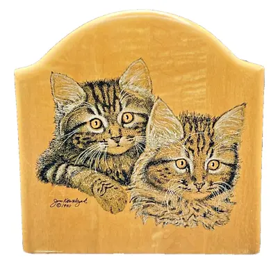 Vintage 1990 Oak Wood Napkin Holder Applied Paint Kittens Signed Jim Kowalczak • $15