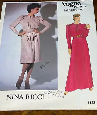 Vogue Pattern 1122 Dress Long Or Short Nina Ricci Paris Original Size 12 UNCUT • $11.99