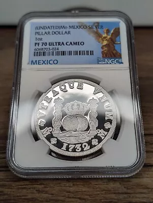 MEXICO SILVER PILLAR DOLLAR 1 OZ NGC PF 70 ULTRA CAMEO 🥇SCARCE MEDAL ! Top Pop • $350