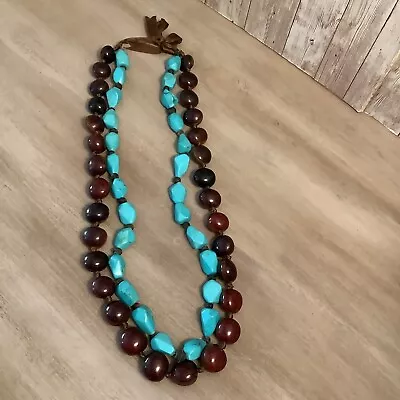 Southwestern Style Beaded Wood Faux Turquoise Chunky Necklace • $13.75