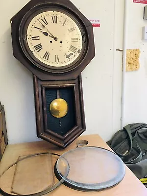 Antique Large Gothic 12” Dial Oak Dial Wall School Station Rail Wind Up Clock • £60