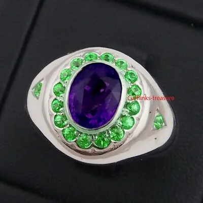 Natural Amethyst & Tsavorite Garnet Gemstones 925 Sterling Silver Men's Ring  • $109.25