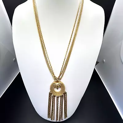 Vintage MONET Etruscan Style NECKLACE SIGNED Gold Tone Pendant Tassel • $38.99