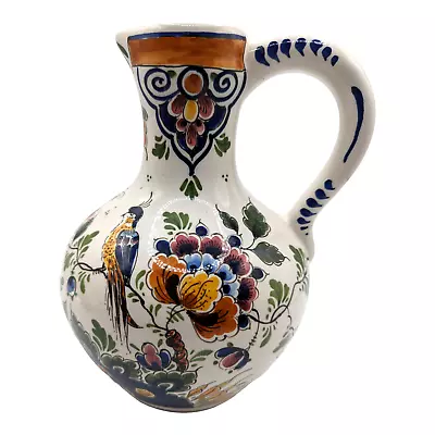 Delft Holland Polychrome Floral With Bird Pitcher Jug 8 In Numbered 107 • $30.60