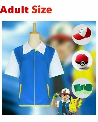 £8.99 • Buy Adult Pokemon Ash Ketchum Trainer Costume Cosplay Shirt Jacket + Gloves + Hat UK