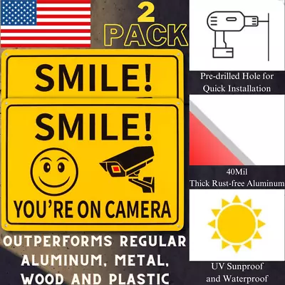 2-Pack Smile You’re On Camera Sign Video Surveillance Signs Outdoor. 10 X 7 In • $12.99