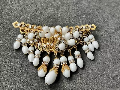 Vintage Unsigned Miriam Haskell White Glass Bead Rhinestone Brooch Pendant • $24