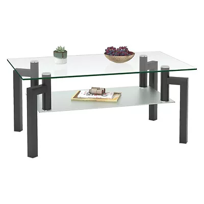 Modern 2-Tier Glass Coffee Table Living Room With Storage Shelves Tea Table Home • $87.98