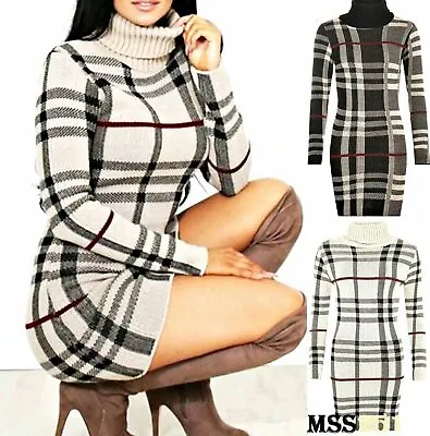 New Women's Ladies Polo Neck Knitted Tartan Check Mini Dress Cowl Tunic Top Sexy • $16.99