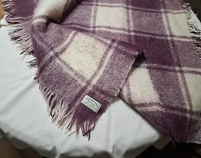 FoxFord Throw Blanket Boho Irish Mohair/Wool/Nylon Purple Cream Plaid 58  X 60  • $40.50