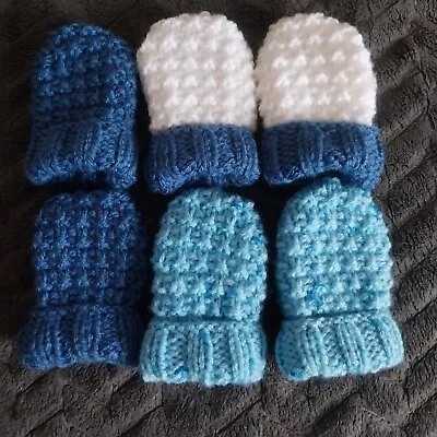 Hand Knitted Baby Boys  Mittens X 3 Pairs. 0-3 Months. • £1.50