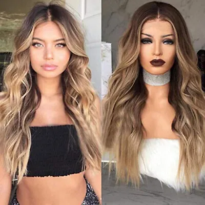 Long Wavy Ombre Blonde Wig Dark Root Blonde Synthetic Heat Resistant Wig Fashion • $18.04