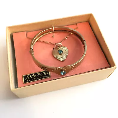 Child's Vtg 14K Plated Heart Bracelet Necklace Set Little Folks Simulated Zircon • $30