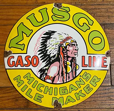 Musgo Gasoline Indian Chief Logo 11.5  Porcelain Enamel Gas Pump Plate Sign • $49.95