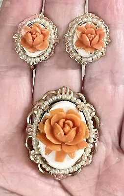 Vintage Gold Tone Brooch & Earrings Set Carved Coral Celluloid ROSES Faux Pearls • $24.99