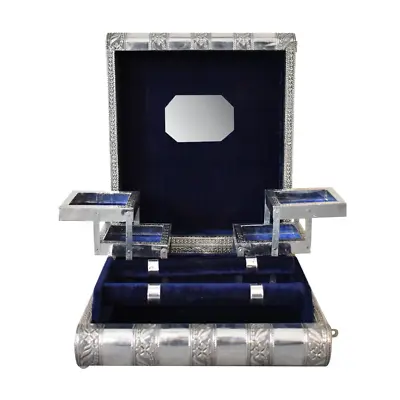 Indian Silver Embossed Jewellery Box With  Twilight Blue Interior Cotton Velvet • £36.99