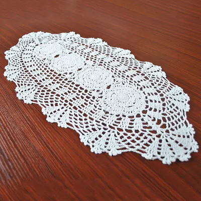 White Vintage Hand Crochet Cotton Lace Doilies Oval Table Runner Cover Mat Decor • £7.19