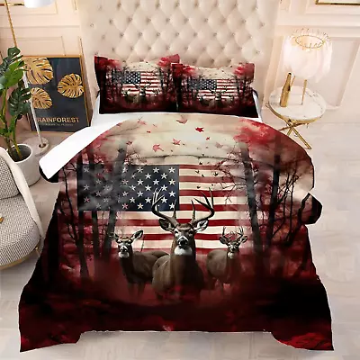 Red And White Elk USA American Flag Comforter Set Twin Size Quilt For Boys Kids  • $105.44