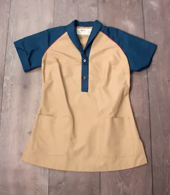 Vtg 70s 80s Tan & Blue Waitress Uniform Top Tunic 1970s 1980s Dress Angelica XL • $39.99