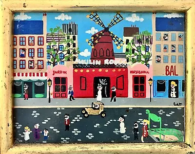 $75 • Buy Vintage Naif Framed Canvas Print On Board Paris Street Moulin Rouge 7.5” X 6”