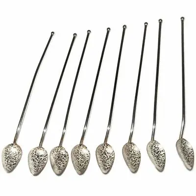 Antique Sterling Silver Cocktail Straw Spoons Mint Julep Filigree 76g Set Of 8 • $269.99